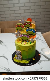Izmail, Ukraine. November 2020. Birthday cake with Teenage Mutant Ninja Turtles for 5 years old boy theme birthday party