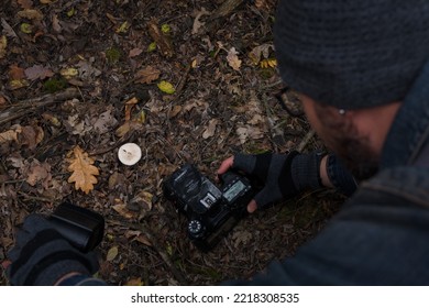 Izmail, Ukraine. October 2020. Unrecognizable Man Making Photo Of Tiny Mushroom In Forest Using Camera And Flash Light. Macro World Photography, Nature Landscape.