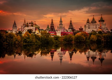 Izmailovo Kremlin In Moscow At The Sunset.