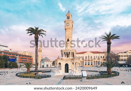 Izmir clock tower square and palm tree at sunset- Turkey
