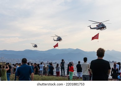 Izmir - Turkey 09 September 2021; Coast Guard Helicopter Flies Over Izmir Bay For Demonstration On Izmir's Independence Day. The People Of Izmir Watch The Performances With Enthusiasm.