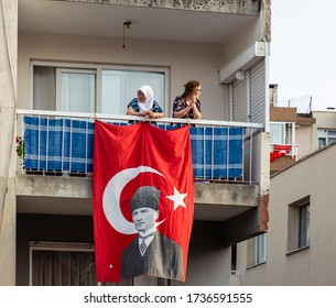 Izmir Turkey, 19 May Youth And Sports Day, 101.celebrating The Year.The Corona Windows Are Decorated Because Of The Virus, And People Celebrating From The Balcony.