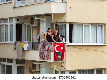 Izmir Turkey, 19 May Youth And Sports Day, 101.celebrating The Year.The Corona Windows Are Decorated Because Of The Virus, And People Celebrating From The Balcony.