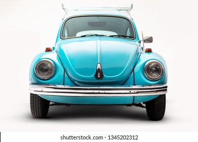 Izmir, Turkey - February 8, Front view of a blue volkswagen beetle.