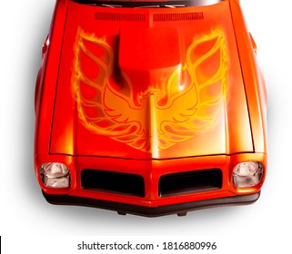 Izmir, Turkey - July 11, 2020: Upper front view of the hood of the 1974 Pontiac Trans am Firebird in a studio shot.