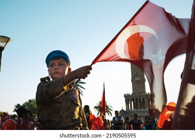 Izmir, Turkey - July 15, 2022: A Child With A Turkish Flag And Soldier Costume On The Celebrations Of The 15 July Democracy And Freedom Day At Konak Square Izmir.