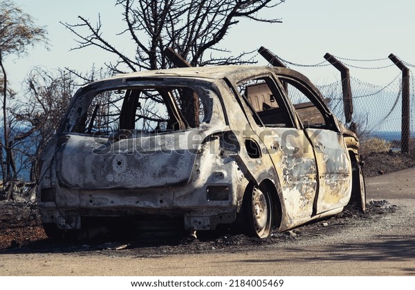 Izmir, Turkey - July 23, 2022: Rear view of Burnt\
car it aftermath the forest fire at Derya Site Seferihisar Izmir\
Turkey.