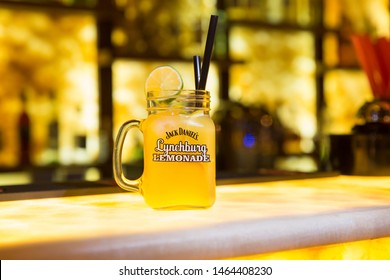 IZMIR, TURKEY - JUNE 02, 2019: Glass of Jack Daniel's Lynchburg Lemonade which is homemade cocktail with soda, lemon, mint, ice and whiskey. 