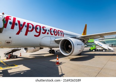 Izmir, Turkey - June 2022: Pegasus Airlines Airbus aircraft on the runway f  Izmir Adnan Menderes airport.  Pegasus Airlines is a Turkish low-cost carrier headquartered in Istanbul