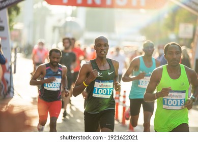 Izmir, Turkey - October 04, 2020. Running People At Marathon Izmir Competition In ızmir Turkey. We See The Finish Line. OLIVIER IRABARUTA, DENIS KIPNGENO CHIRCHIR, MERT GIRMALEGESE, SANG BENARD CHERUI