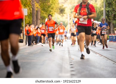 Izmir, Turkey - October 04, 2020. Running people at Marathon Izmir competition in ızmir Turkey.