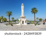 Izmir, Turkey - October 26, 2021: Scenic view of Izmir Clock Tower in the middle of Konak Square. The tower is the landmark of the port city.