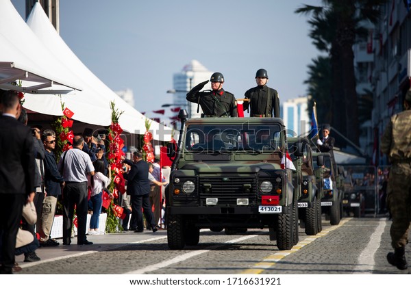 Izmir,\
Turkey - October 29, 2019. Military SUV convoy at Republic Square\
of Izmir Turkey on the Republic day of\
Turkey.
