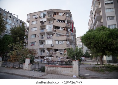 Izmir, Turkey - October 30, 2020: Building damaged in the earthquake in Manavkuyu District Bayrakli Izmir Turkey.