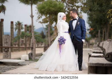 IZMIR, TURKEY - Sep 08, 2017: Young muslim bride and groom wedding photos, traditoinal muslim wedding and casual dress, marriage muslim, Islamic.