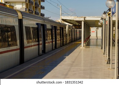 IZMIR/Turkey 01.21.2020 Daily Urban Public Transportation With Metro Or Subway.A Station With The Train Doors Closed And No Passengers