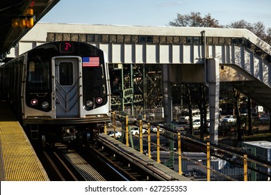 J Train Subway Arriving To The Station In New-York.