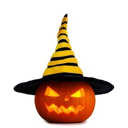 Jack O Lantern Halloween Pumpkin In Witches Hat Isolated On White Background