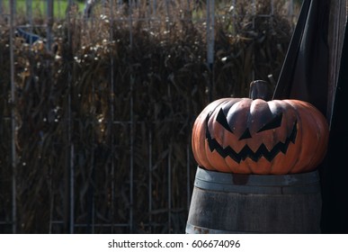 Jack O'Lantern Stands Guard During The Halloween Festival In Sleepy Hollow, NY