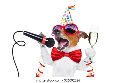 jack russell dog celebrating new years eve with champagne and singing karaoke with a microphone, isolated on white background