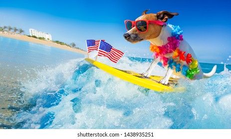 jack russell dog surfing on a wave , on ocean sea on summer vacation holidays, with cool sunglasses and usa independence day flag for the 4th of July - Powered by Shutterstock