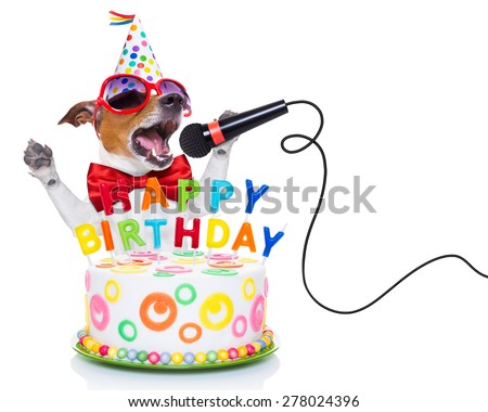 jack russell dog  as a surprise, singing birthday song  like karaoke with microphone ,behind funny cake,  wearing  red tie and party hat  , isolated on white background