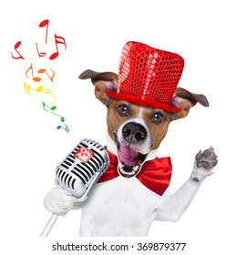 Jack Russell Terrier Dog Isolated On White Background Singing With Microphone A Karaoke Song In A Night Club, 