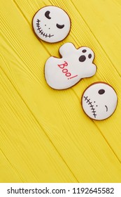 Jack Skellington and ghost cookies. Gingerbread biscuits with icing for Halloween holiday, copy space. Halloween cookies ideas. - Shutterstock ID 1192645582