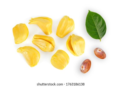 Jackfruit with leaf and seeds isolated on white background, top view.