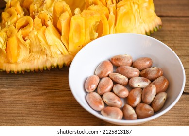 jackfruit seed on white bowl on a wooden background from ripe jackfruit fruit