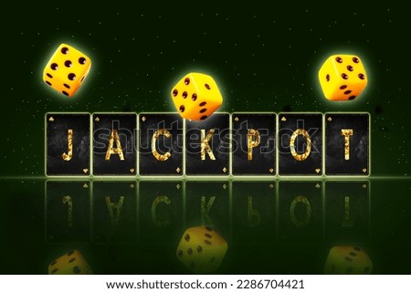 Jackpot, the word and dice, on a black background. Reflection. Casino concept. Gambling
