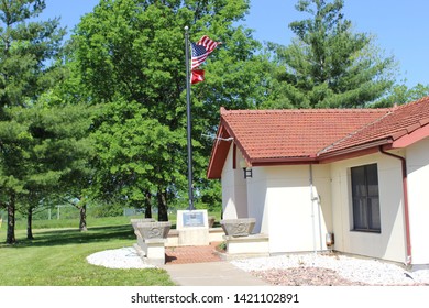 Jackson County, Missouri / USA - May 15 2019: Flags For The United States Of America And The U.S. Army Corps Of Engineers At The Visitor Center For Blue Springs Lake And Longview Lake