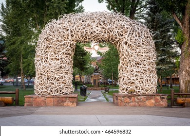 Jackson hole, WY, July 22, 2016: Elk Antler Arches mark the entrance to Jackson Town Square.  Jackson is a very popular year-round tourist destination & the Elk Arches are always a must see.
