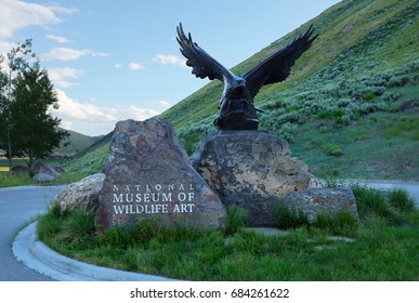 JACKSON HOLE, WYOMING - JUNE 27, 2017:  National Museum Of Wildlife Art. Statue At The Entrance To The Museum Dedicate To Wildlife Art.