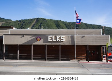 Jackson Hole, Wyoming - May 29, 2020: The Front Of The Elks Lodge.