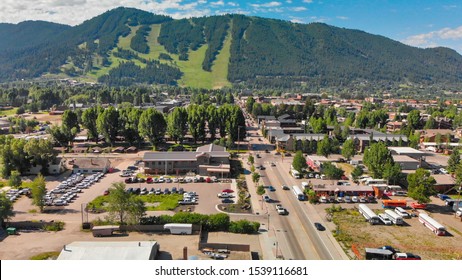 Jackson Hole, Wyoming. Panoramic Aerial View Of Town And Landscape On A Beautiful Summer Morning