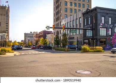 Jackson, Michigan, USA - October 9, 2020: Downtown district and city streets of the American Midwest town of Jackson located in the southern Lower Peninsula of Michigan.