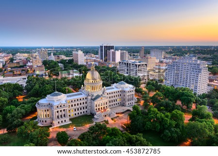 Jackson, Mississippi, USA cityscape at dusk.