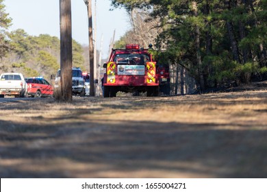 Jackson, NJ / USA - February 22 2020: Fire Company Vehicles Along Route 528 In Jackson, NJ During A Planned Controlled Burn Of A Section Of The New Jersey Pine Barrens.