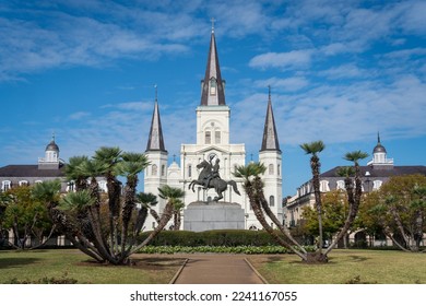 Jackson Square in New Orleans, Louisiana. Jackson Square, with Jackson's statue at center and Saint Louis Cathedral. Historic park in French Quarter. Clark Mills' equestrian statue of Andrew Jackson. - Powered by Shutterstock