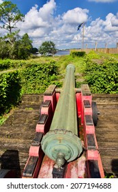 Jacksonville, FL -202: Fort Caroline National Memorial, Fort De La Caroline Reconstruction. Attempted French Colonial Settlement On St. Johns River. Red Cannon. Timucuan Ecological Historic Preserve.