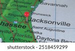 Jacksonville, Florida marked by a red map tack. The City of Jacksonville is the county seat of Duval County, FL.