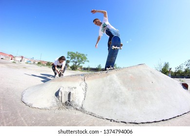 Jacksonville, Florida / United States - April 19 2019. The Action Sport Of Skateboarding. Street Skating The Unusual Spots. 