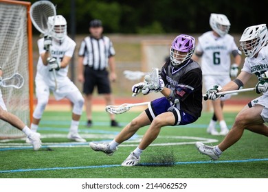 Jacksonville, Florida USA. April 2nd 2022. High Point University Men's Lacrosse Attacker Jack Vanoverbeke (center) At A Game Vs Jacksonville University