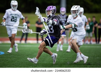 Jacksonville, Florida USA. April 2nd 2022. High Point University Men's Lacrosse Midfielder Nick Rizzo (center) At A Game Vs Jacksonville University