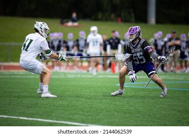 Jacksonville, Florida USA. April 2nd 2022. High Point University Men's Lacrosse Attacker Brayden Mayea (right) During A Game Vs Jacksonville University.