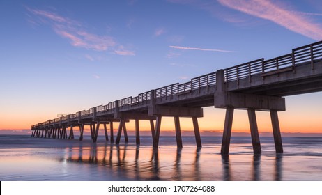 Jacksonville, Florida, USA Beach View With Jacksonville Pier At Dawn.