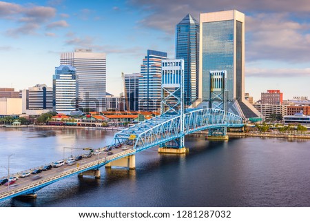 Jacksonville, Florida, USA downtown skyline in the afternoon over St. Johns River. 