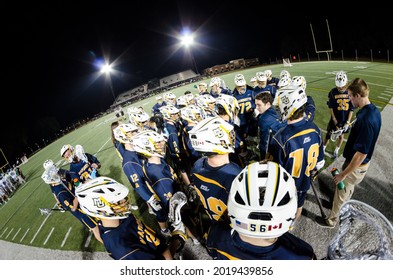 Jacksonville, Florida USA. February 15 2019. Marquette University Lacrosse Players During A Night Game Vs Jacksonville University.