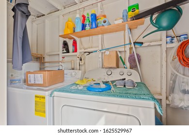 Jacksonville, Florida / USA - January 24 2020: Messy Laundry Room With Detergent And Dryer Sheets